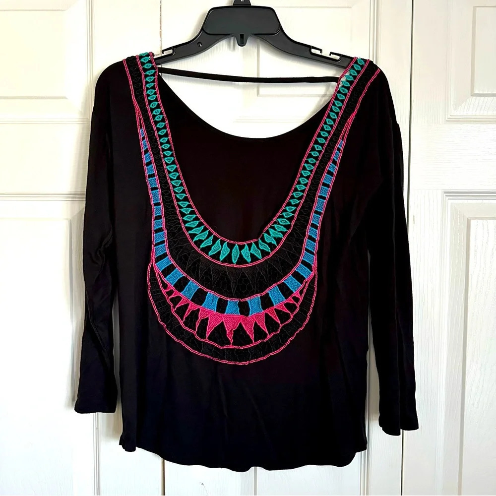 Envy Embroidered Black Cotton LS Tee Women’s Boho Hippie Chic Made In USA Size S